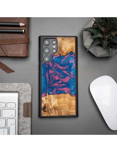 Medinis ir dervos dėklas, skirtas Samsung Galaxy S22 Ultra Bewood Unique Vegas - rožinė ir mėlyna