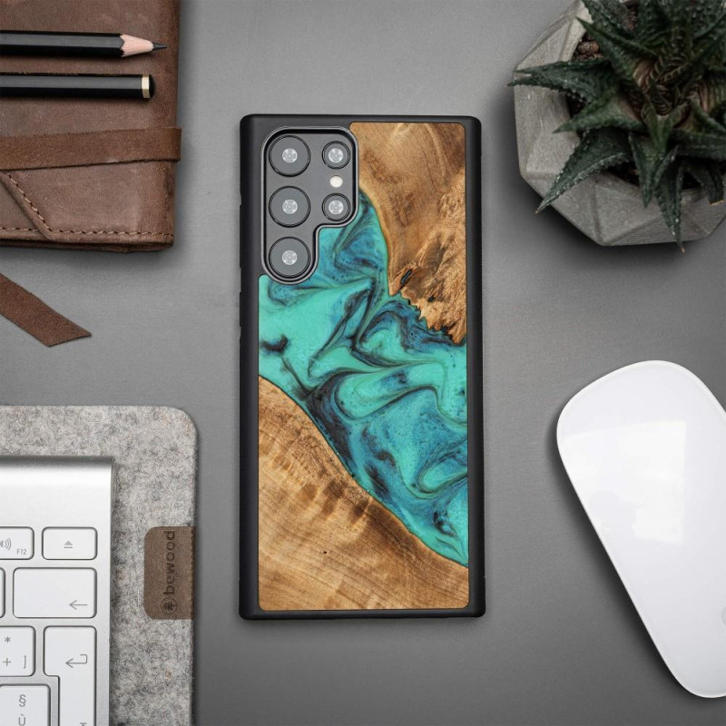 Medinis ir dervos dėklas, skirtas Samsung Galaxy S22 Ultra Bewood Unique Turquoise - turkis ir juodas