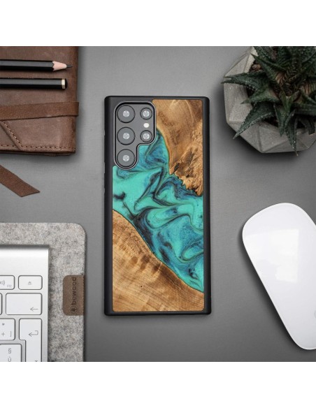 Medinis ir dervos dėklas, skirtas Samsung Galaxy S22 Ultra Bewood Unique Turquoise - turkis ir juodas Medinis ir dervos dėklas, skirtas Samsung Galaxy S22 Ultra Bewood Unique Turquoise - turkis ir juodas
