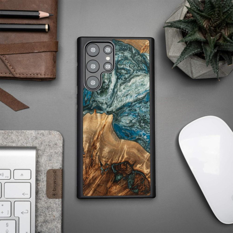 Medinis ir dervos dėklas Samsung Galaxy S22 Ultra Bewood Unique Planet Earth - mėlynai žalias