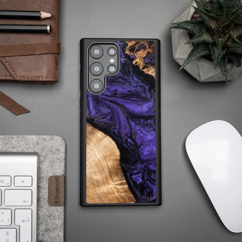 Medinis ir dervos dėklas, skirtas Samsung Galaxy S22 Ultra Bewood Unique Violet - violetinė ir juoda