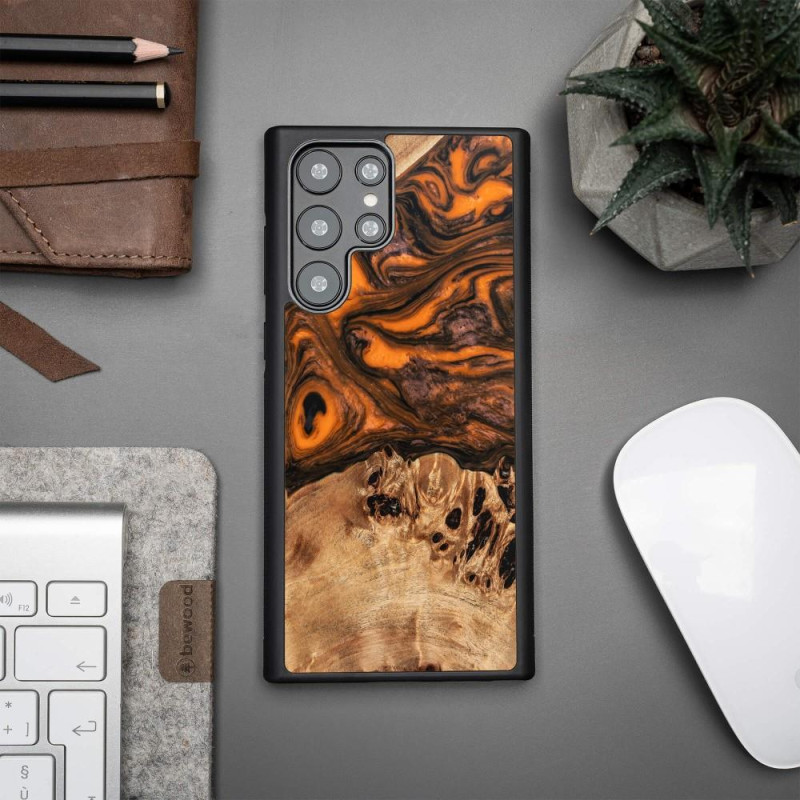 Medinis ir dervos dėklas Samsung Galaxy S22 Ultra Bewood Unique Orange - oranžinė ir juoda