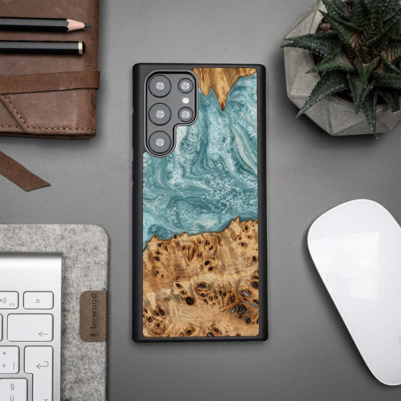 Medinis ir dervos dėklas Samsung Galaxy S22 Ultra Bewood Unique Uranus - mėlynos ir baltos spalvos