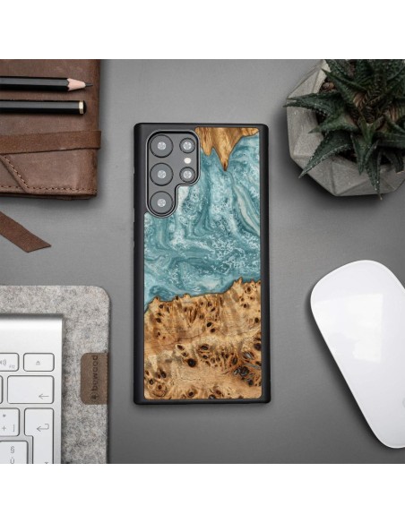 Medinis ir dervos dėklas Samsung Galaxy S22 Ultra Bewood Unique Uranus - mėlynos ir baltos spalvos Medinis ir dervos dėklas Samsung Galaxy S22 Ultra Bewood Unique Uranus - mėlynos ir baltos spalvos