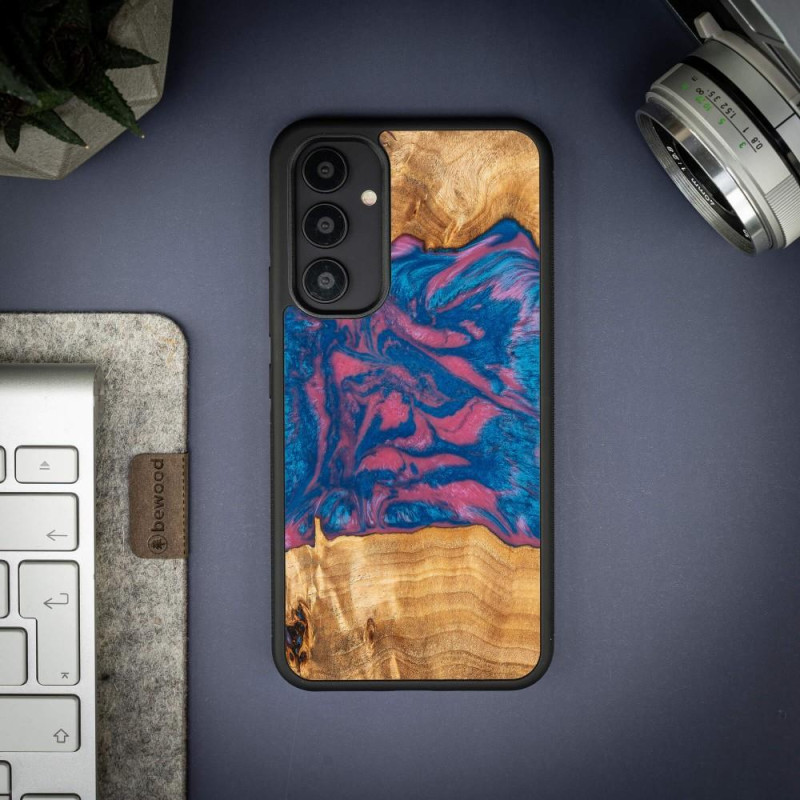 Medinis ir dervos dėklas Samsung Galaxy A54 5G Bewood Unique Vegas - rožinė ir mėlyna