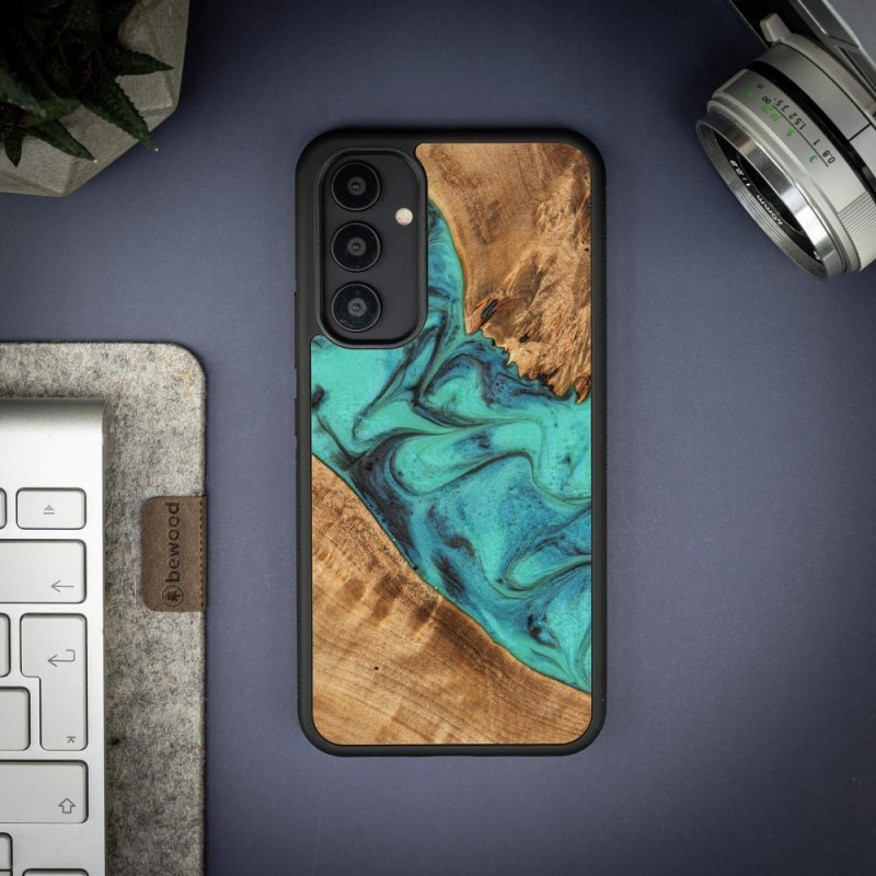 Medinis ir dervos dėklas, skirtas Samsung Galaxy A54 5G Bewood Unique Turquoise - turkis ir juodas