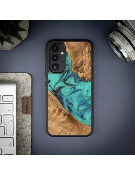 Medinis ir dervos dėklas, skirtas Samsung Galaxy A54 5G Bewood Unique Turquoise - turkis ir juodas