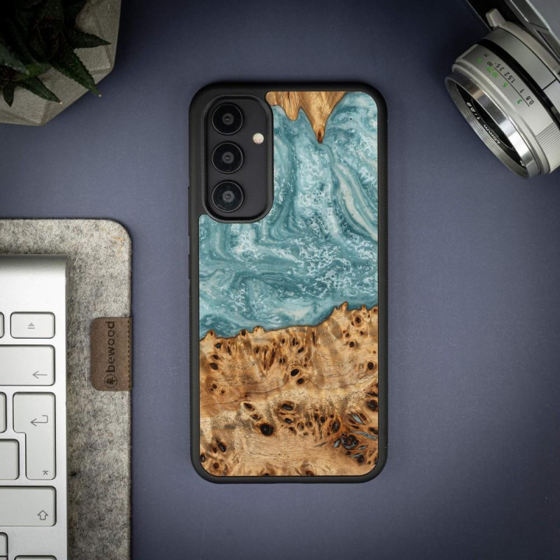 Medinis ir dervos dėklas Samsung Galaxy A54 5G Bewood Unique Uranus - mėlynos ir baltos spalvos