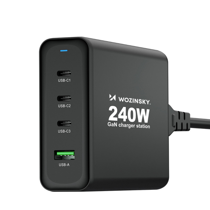 Wozinsky WGCSB 240W GaN sieninis įkroviklis USB-A / 3 x USB-C - juodas
