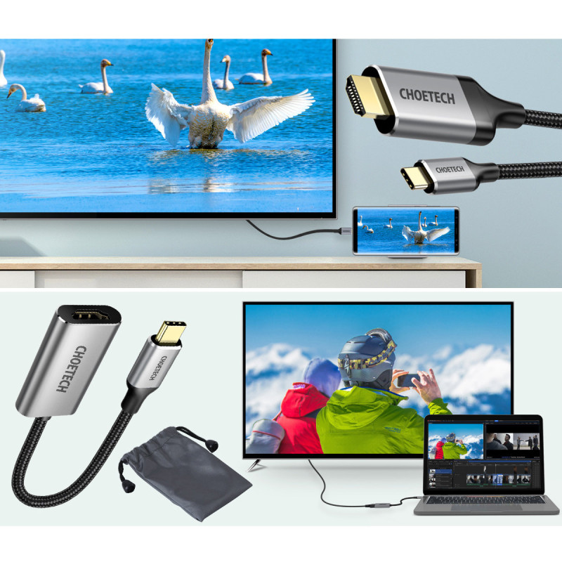 Adapteris HUB USB Type C - HDMI 2.0 + HDMI kabelis 2m pilkas