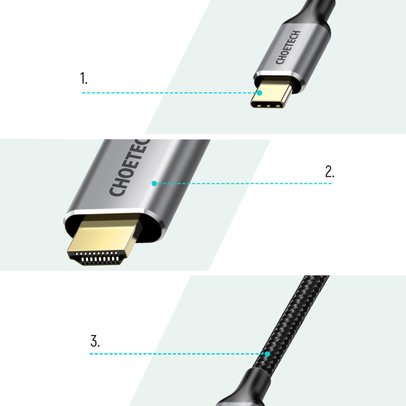 Adapteris HUB USB Type C - HDMI 2.0 + HDMI kabelis 2m pilkas
