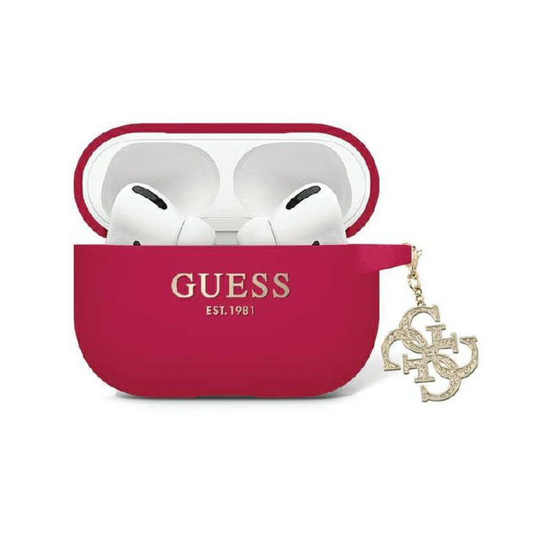 Guess Liquid Silicone Glitter Triangle Charm dėklas, skirtas AirPods Pro 2 – violetinė