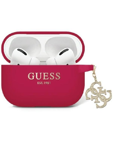 Guess Liquid Silicone Glitter Triangle Charm dėklas, skirtas AirPods Pro 2 – violetinė Guess Liquid Silicone Glitter Triangle Charm dėklas, skirtas AirPods Pro 2 – violetinė