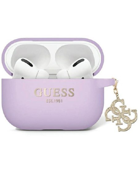 Guess Liquid Silicone Glitter Triangle Charm dėklas, skirtas AirPods Pro 2 – violetinė Guess Liquid Silicone Glitter Triangle Charm dėklas, skirtas AirPods Pro 2 – violetinė