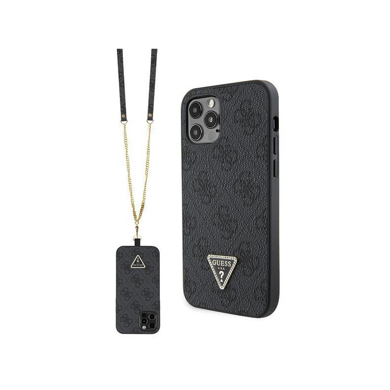 Guess Crossbody 4G metalinis logotipo dėklas, skirtas iPhone 12 / iPhone 12 Pro – juodas