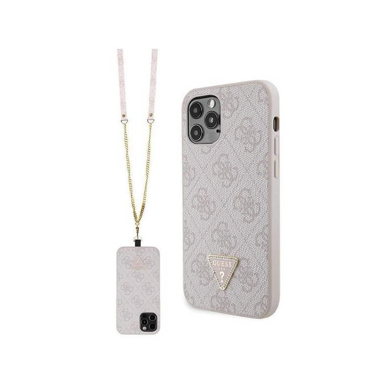 Guess Crossbody 4G metalinis logotipo dėklas, skirtas iPhone 12 / iPhone 12 Pro – rožinis