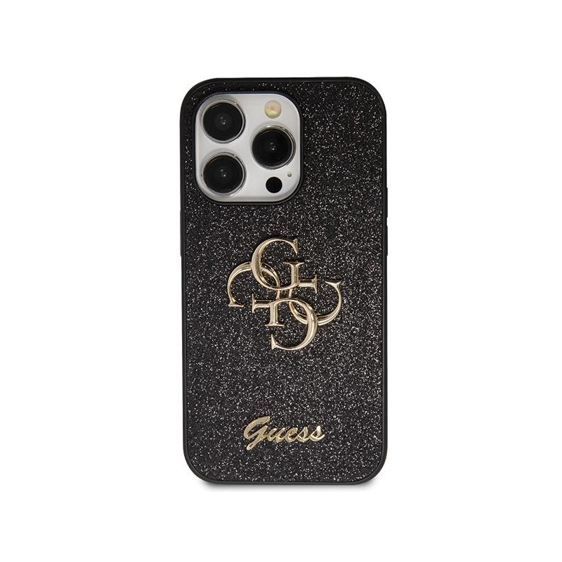 Guess Glitter Script Big 4G dėklas iPhone 14 Pro - juodas