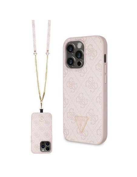 Guess Crossbody 4G metalinis logotipo dėklas iPhone 14 Pro - rožinis