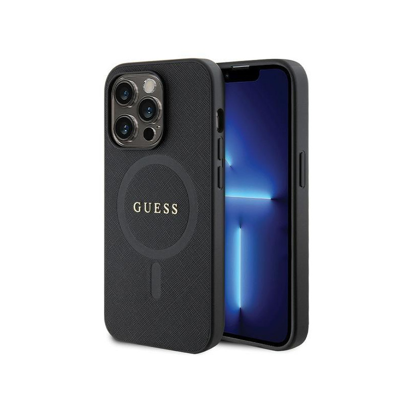 Guess Saffiano MagSafe dėklas iPhone 14 Pro - juodas