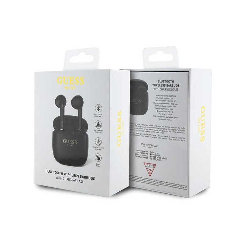Guess Classic EST Logo TWS Bluetooth ausinės + prijungimo stotelė - juoda