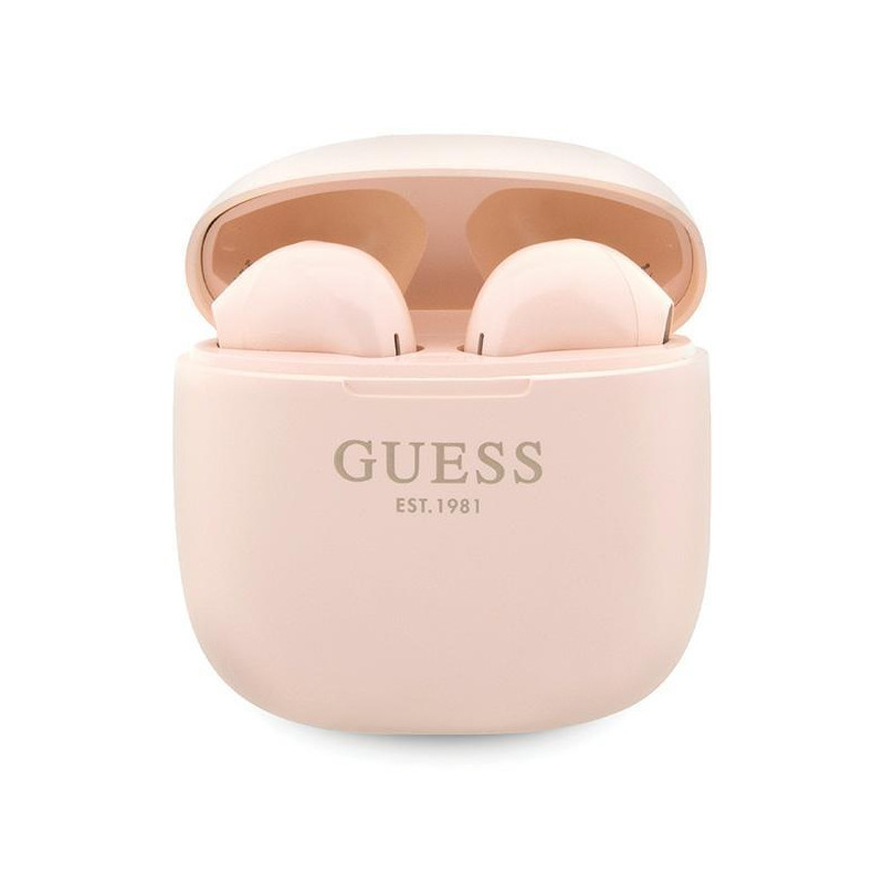 Guess Classic EST Logo TWS Bluetooth ausinės + prijungimo stotelė - rožinė