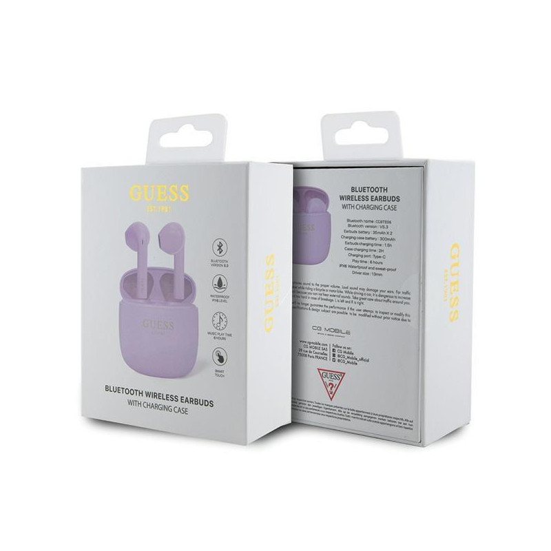 Guess Classic EST Logo TWS Bluetooth ausinės + prijungimo stotelė - violetinė