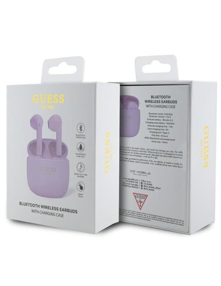 Guess Classic EST Logo TWS Bluetooth ausinės + prijungimo stotelė - violetinė Guess Classic EST Logo TWS Bluetooth ausinės + prijungimo stotelė - violetinė