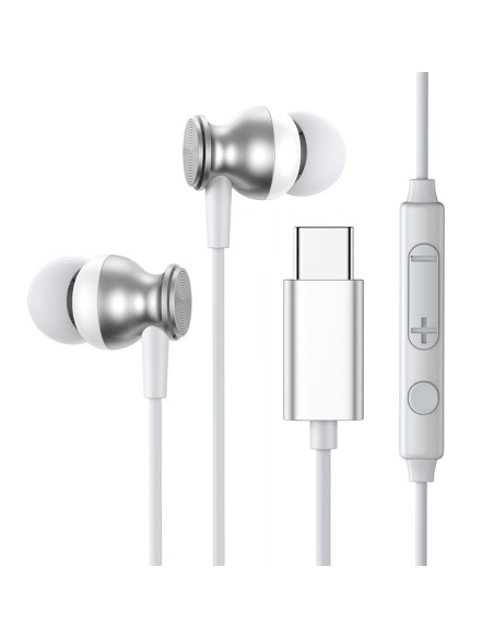 Į ausis įdedamos C tipo USB ausinės su nuotolinio valdymo pultu ir mikrofonu sidabrinės spalvos