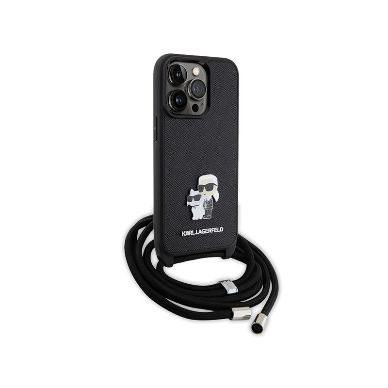Karl Lagerfeld Crossbody Saffiano Metal Pin Karl&Choupette dėklas, skirtas iPhone 13 Pro / iPhone 13 - juodas