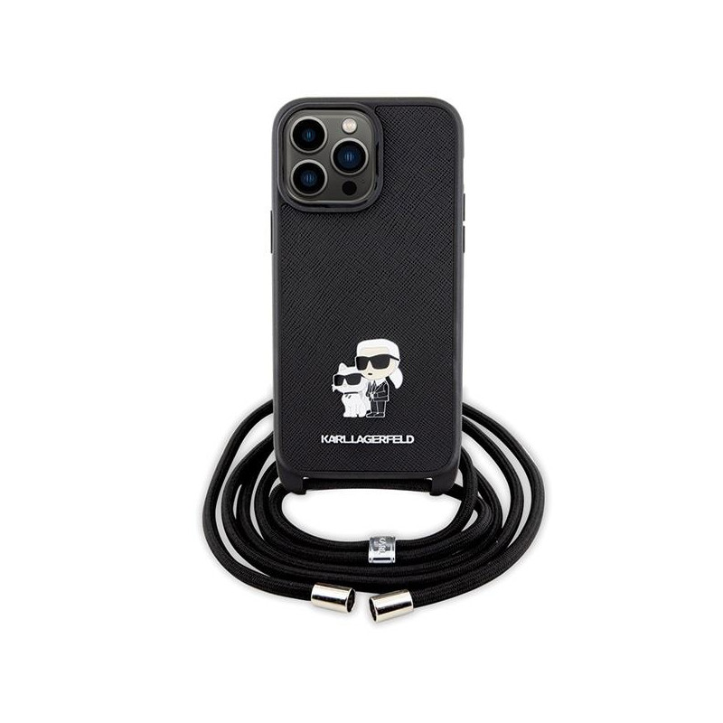 Karl Lagerfeld Crossbody Saffiano Metal Pin Karl&Choupette dėklas, skirtas iPhone 13 Pro Max - juodas