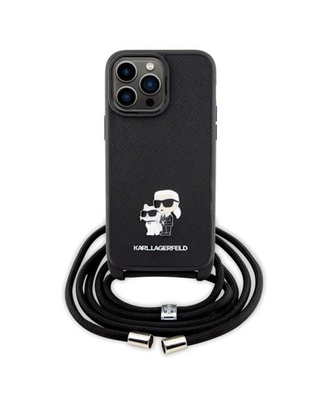 Karl Lagerfeld Crossbody Saffiano Metal Pin Karl&Choupette dėklas, skirtas iPhone 13 Pro Max - juodas Karl Lagerfeld Crossbody Saffiano Metal Pin Karl&Choupette dėklas, skirtas iPhone 13 Pro Max - juodas