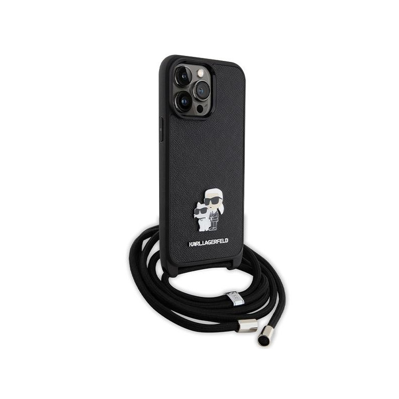 Karl Lagerfeld Crossbody Saffiano Metal Pin Karl&Choupette dėklas, skirtas iPhone 13 Pro Max - juodas