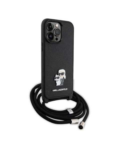 Karl Lagerfeld Crossbody Saffiano Metal Pin Karl&Choupette dėklas, skirtas iPhone 13 Pro Max - juodas Karl Lagerfeld Crossbody Saffiano Metal Pin Karl&Choupette dėklas, skirtas iPhone 13 Pro Max - juodas