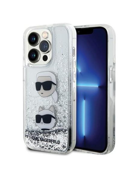 Karl Lagerfeld Liquid Glitter Karl&Choupette Heads dėklas iPhone 14 Pro - sidabrinis Karl Lagerfeld Liquid Glitter Karl&Choupette Heads dėklas iPhone 14 Pro - sidabrinis