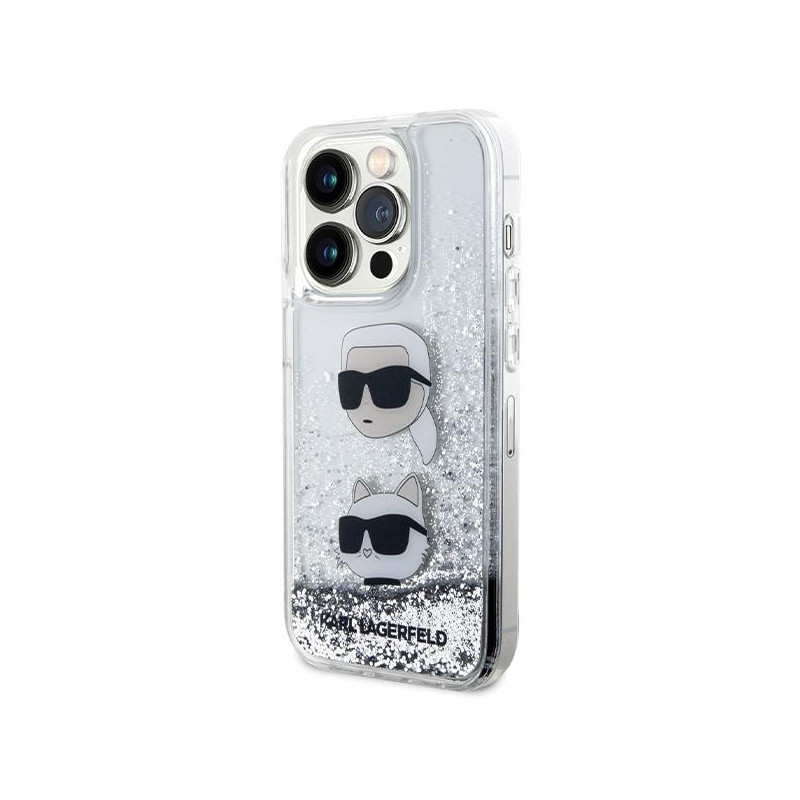 Karl Lagerfeld Liquid Glitter Karl&Choupette Heads dėklas iPhone 14 Pro - sidabrinis