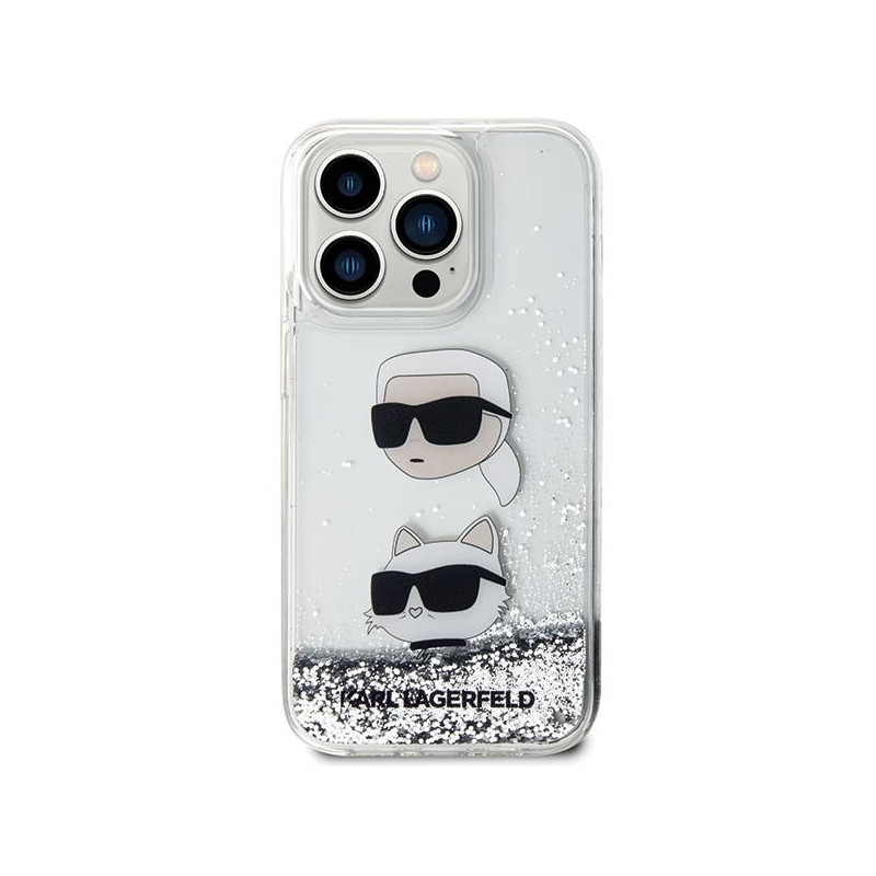 Karl Lagerfeld Liquid Glitter Karl&Choupette Heads dėklas iPhone 14 Pro - sidabrinis