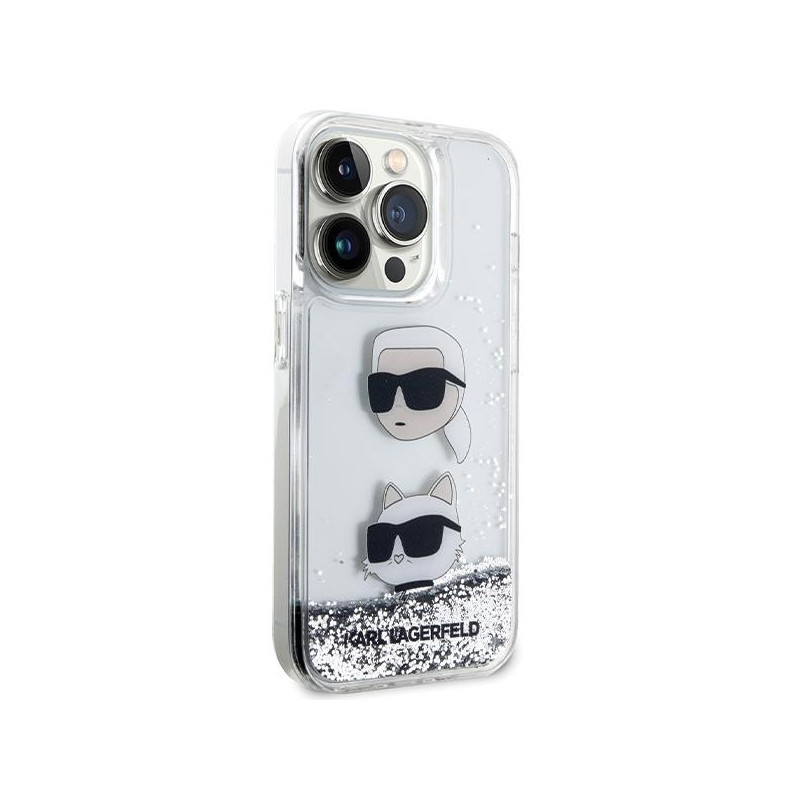 Karl Lagerfeld Liquid Glitter Karl&Choupette Heads dėklas iPhone 14 Pro - sidabrinis