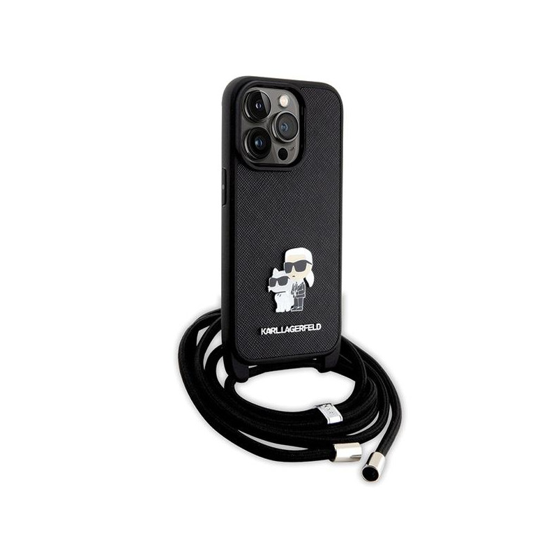 Karl Lagerfeld Crossbody Saffiano Metal Pin Karl&Choupette dėklas iPhone 14 Pro - juodas