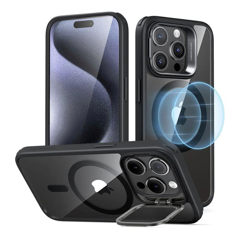 ESR Classic Kickstand Halolock dėklas su MagSafe, skirtas iPhone 15 Pro – skaidrus ir juodas