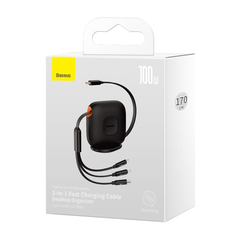 Ištraukiamas laidas 3in1 USB-C microUSB iPhone Lightning Power Delivery 1,7m juodas