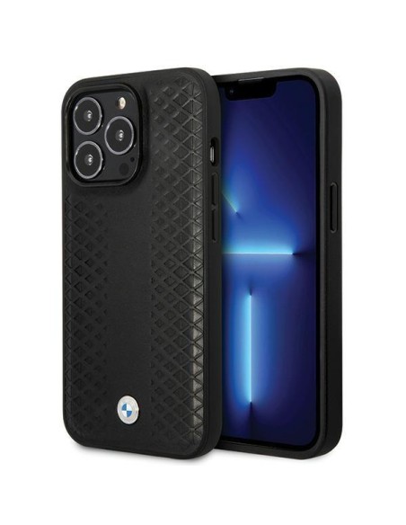 BMW Leather Diamond Pattern dėklas iPhone 14 Pro - juodas BMW Leather Diamond Pattern dėklas iPhone 14 Pro - juodas