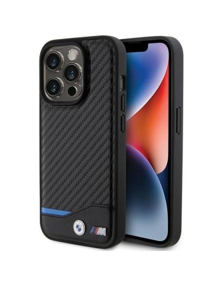 BMW Leather Carbon dėklas iPhone 15 Pro - juodas BMW Leather Carbon dėklas iPhone 15 Pro - juodas