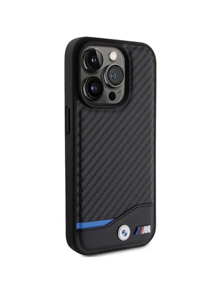 BMW Leather Carbon dėklas iPhone 15 Pro - juodas BMW Leather Carbon dėklas iPhone 15 Pro - juodas