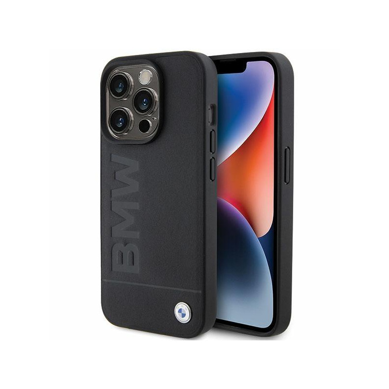 BMW Leather Hot Stamp dėklas iPhone 15 Pro - juodas BMW Leather Hot Stamp dėklas iPhone 15 Pro - juodas