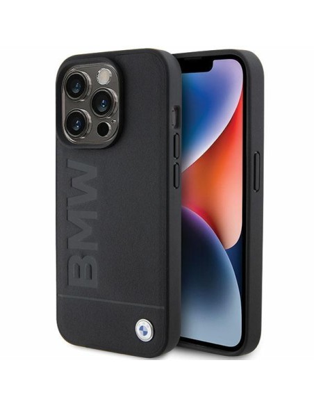 BMW Leather Hot Stamp dėklas iPhone 15 Pro - juodas BMW Leather Hot Stamp dėklas iPhone 15 Pro - juodas