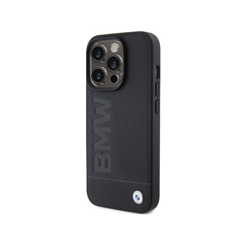 BMW Leather Hot Stamp dėklas iPhone 15 Pro - juodas