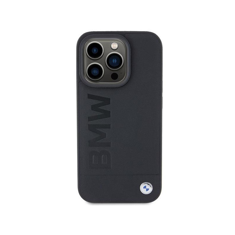 BMW Leather Hot Stamp dėklas iPhone 15 Pro - juodas