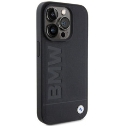 BMW Leather Hot Stamp dėklas iPhone 15 Pro - juodas