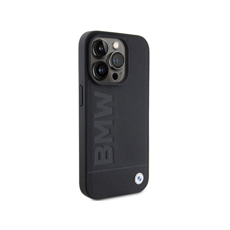 BMW Leather Hot Stamp dėklas iPhone 15 Pro - juodas
