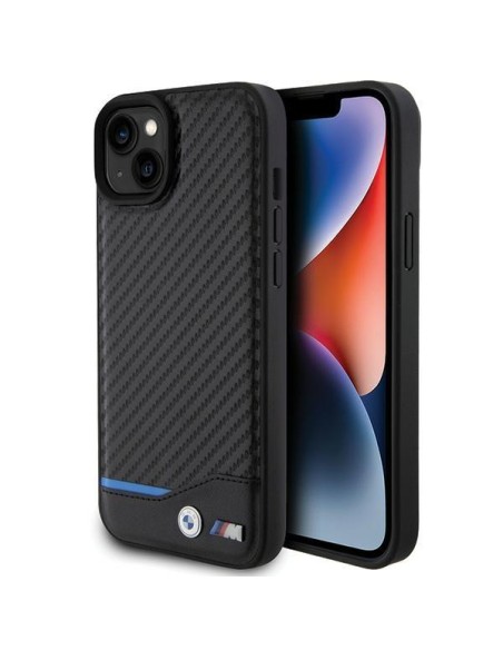 BMW Leather Carbon dėklas iPhone 15 Plus - juodas BMW Leather Carbon dėklas iPhone 15 Plus - juodas